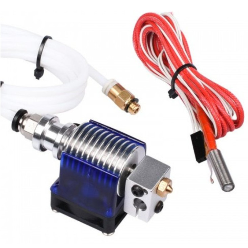 Bowden Hotend E3DV6 12В 40Вт - Високоякісний 3D Принтерний Екструдер ALT-текст: Зображення товару Bowden Hotend E3DV6, призначеного для 3D-принтера. На фотографії представлено гарячий кінець, який складається з радіатора сріблястого кольору, нагрівального блоку та термостійкого сопла. Також видно підключені дроти живлення