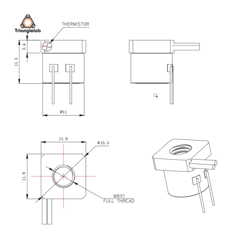 Trianglelab CHC Kit — керамічний нагрівач з термістором 104NT-4 для 3D-принтера Термоблок Trianglelab CHC Kit з термістором 104NT-4-R025H42G
